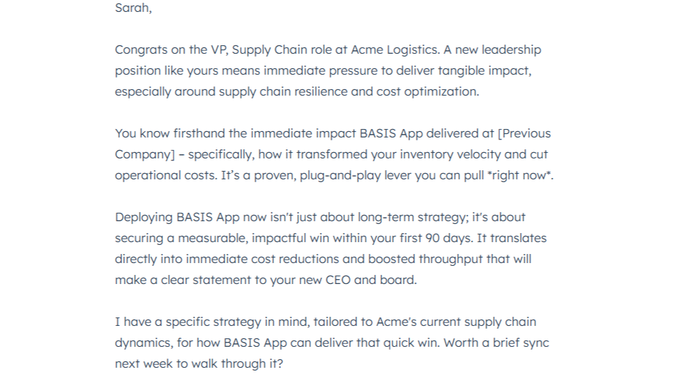 AI generated executive outreach email drafted by BASIS app.